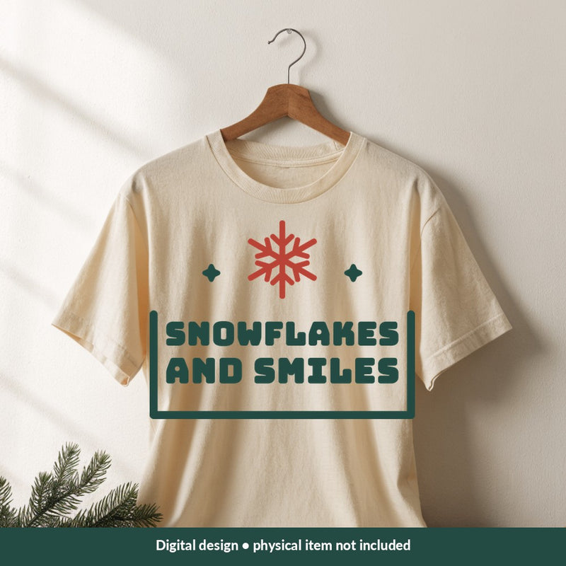 Snowflakes and Smiles Christmas digital design on a shirt; illustrative mockup, no physical product included