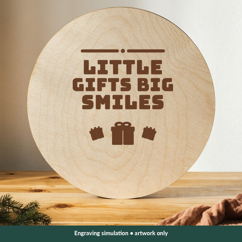 Little Gifts Big Smiles Christmas digital design on a wood; illustrative mockup, no physical product included