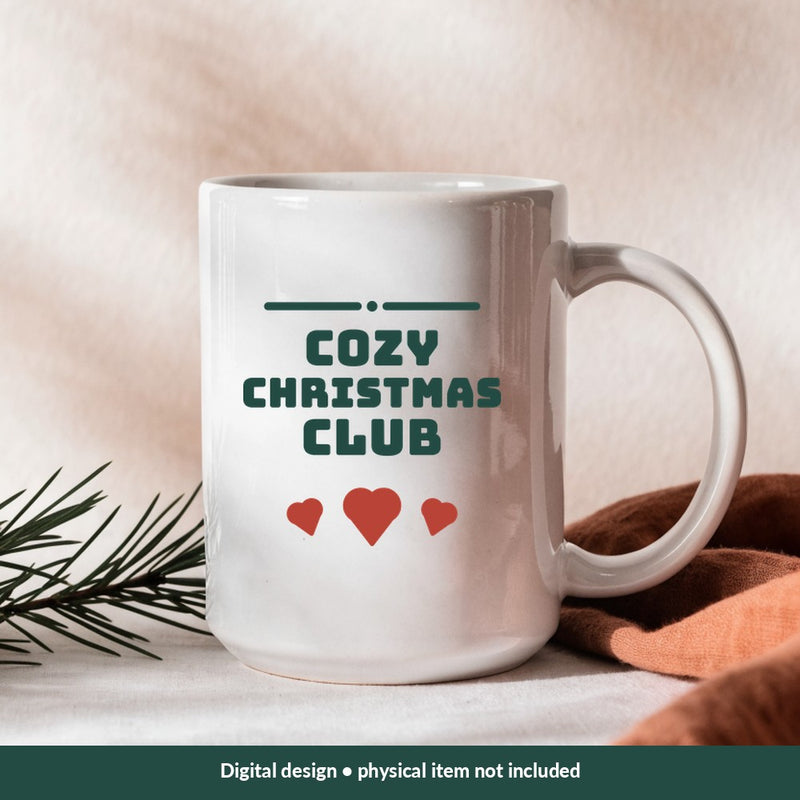 Cozy Christmas Club Christmas digital design on a mug; illustrative mockup, no physical product included