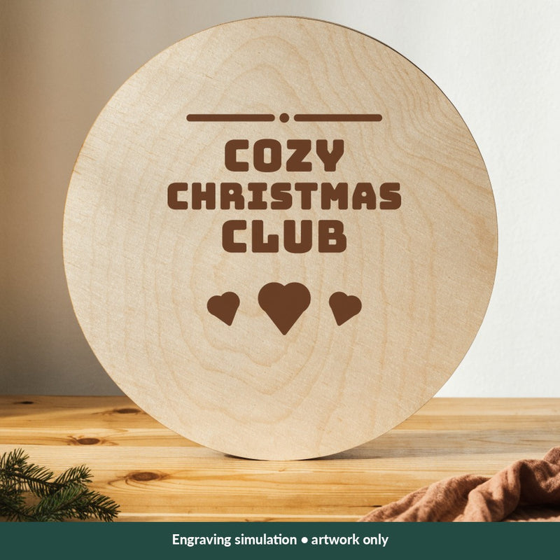 Cozy Christmas Club Christmas digital design on a wood; illustrative mockup, no physical product included