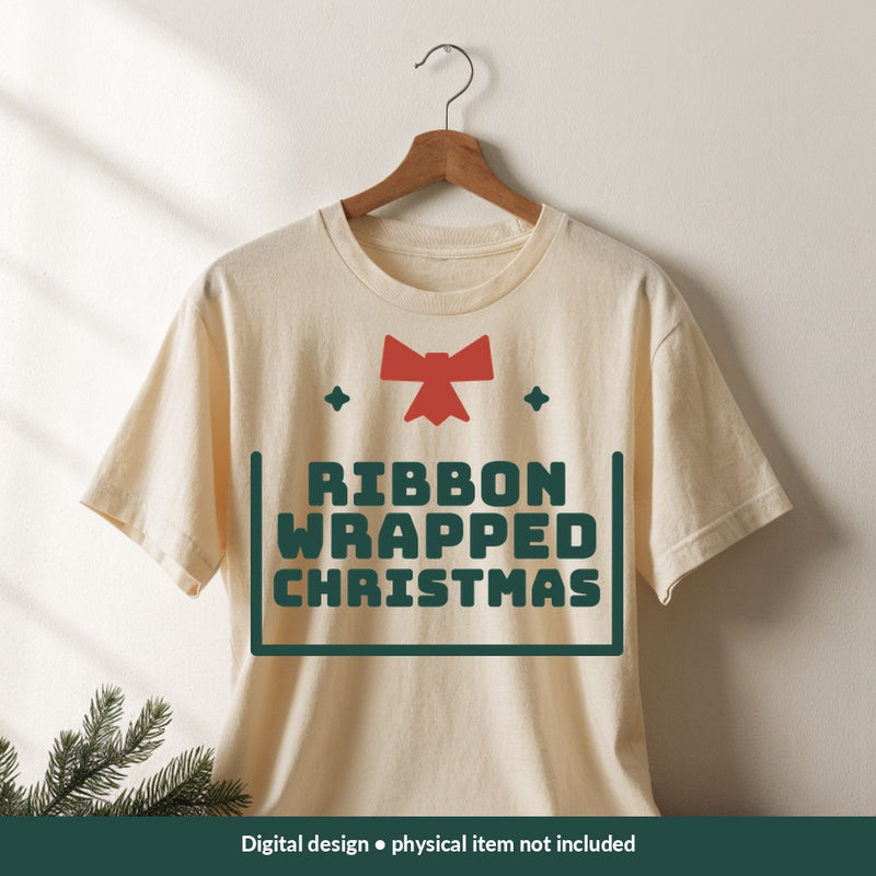 Ribbon Wrapped Christmas Christmas digital design on a shirt; illustrative mockup, no physical product included