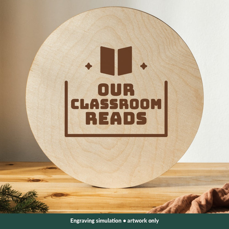 Our Classroom Reads Teacher digital design on a wood; illustrative mockup, no physical product included