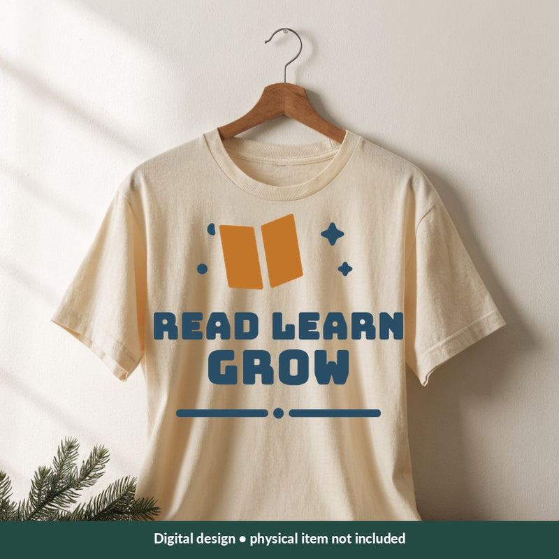 Read Learn Grow Teacher digital design on a shirt; illustrative mockup, no physical product included
