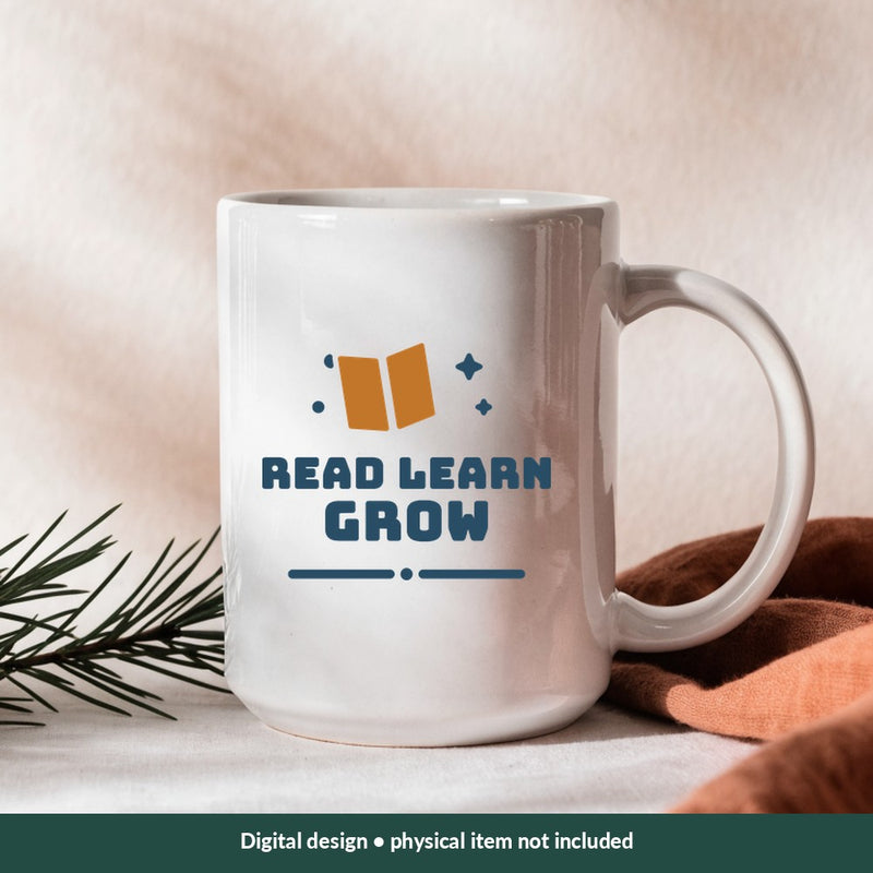 Read Learn Grow Teacher digital design on a mug; illustrative mockup, no physical product included