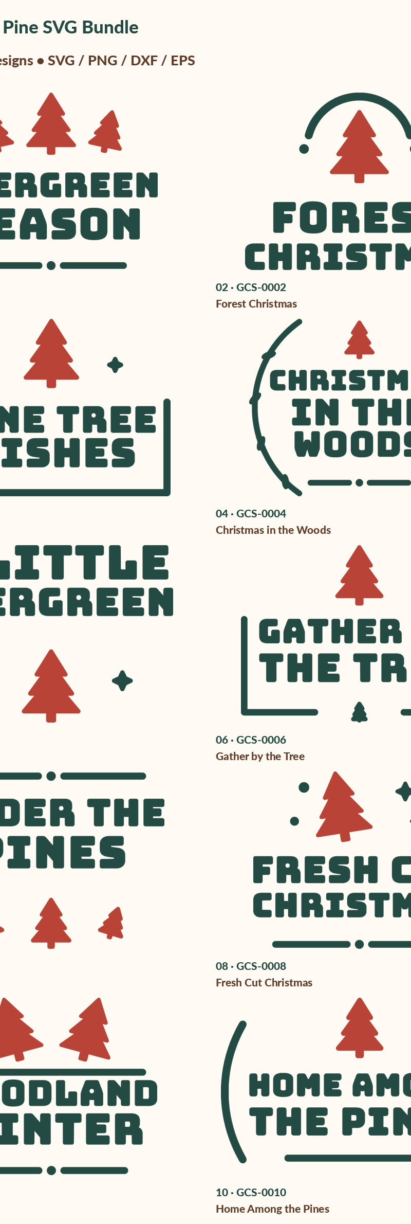 Exact numbered inventory of 10 digital designs in Christmas Pine SVG Bundle