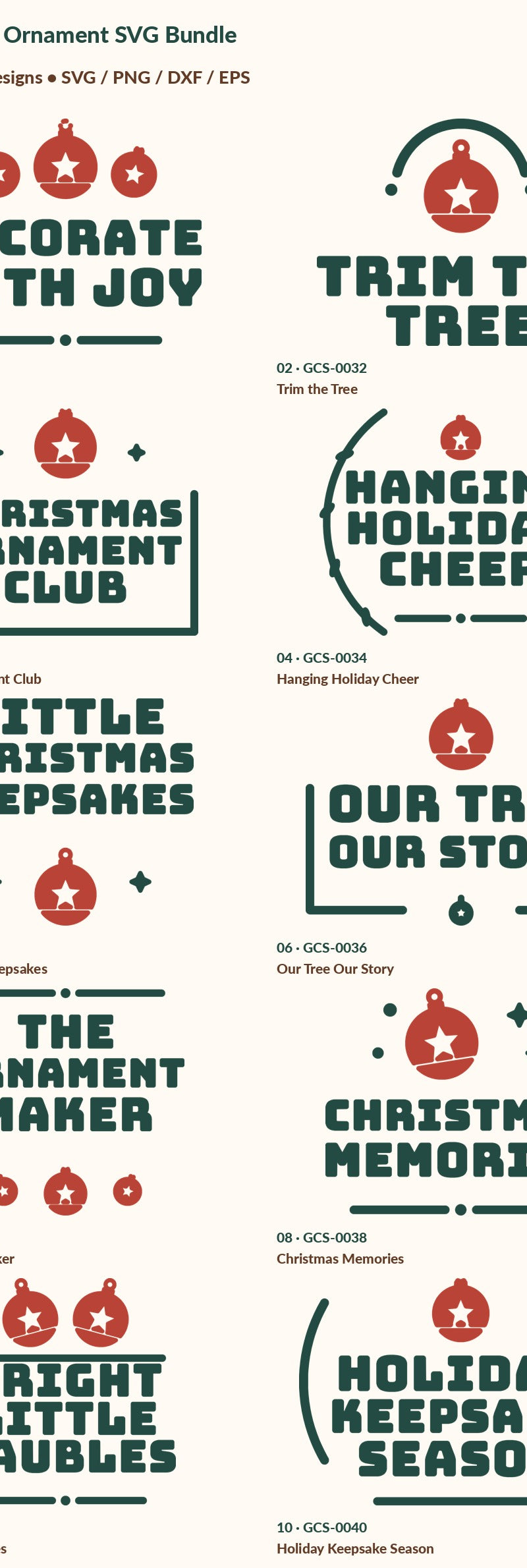 Exact numbered inventory of 10 digital designs in Christmas Ornament SVG Bundle