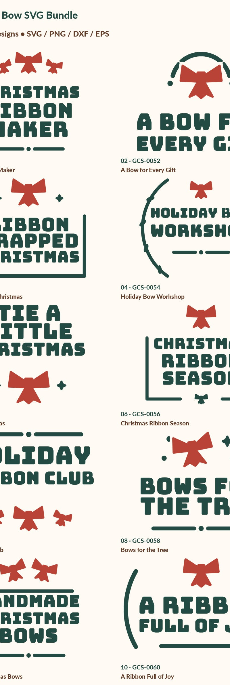 Exact numbered inventory of 10 digital designs in Christmas Bow SVG Bundle