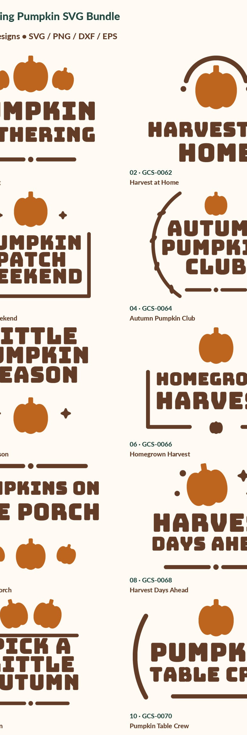 Exact numbered inventory of 10 digital designs in Thanksgiving Pumpkin SVG Bundle