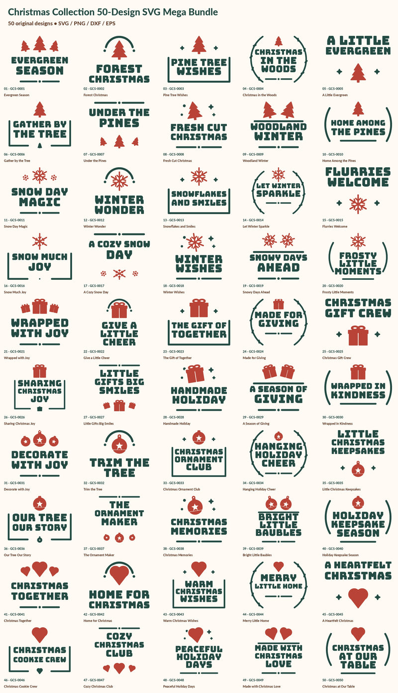 Exact numbered inventory of 50 digital designs in Christmas Collection 50-Design SVG Mega Bundle