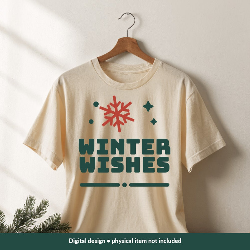 Winter Wishes Christmas digital design on a shirt; illustrative mockup, no physical product included