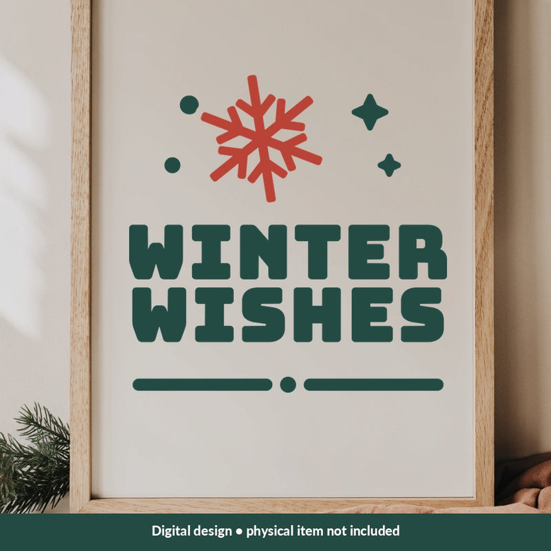 Winter Wishes Christmas digital design on a sign; illustrative mockup, no physical product included