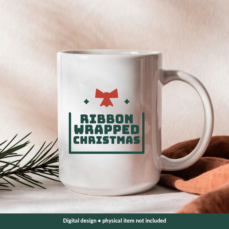 Ribbon Wrapped Christmas Christmas digital design on a mug; illustrative mockup, no physical product included