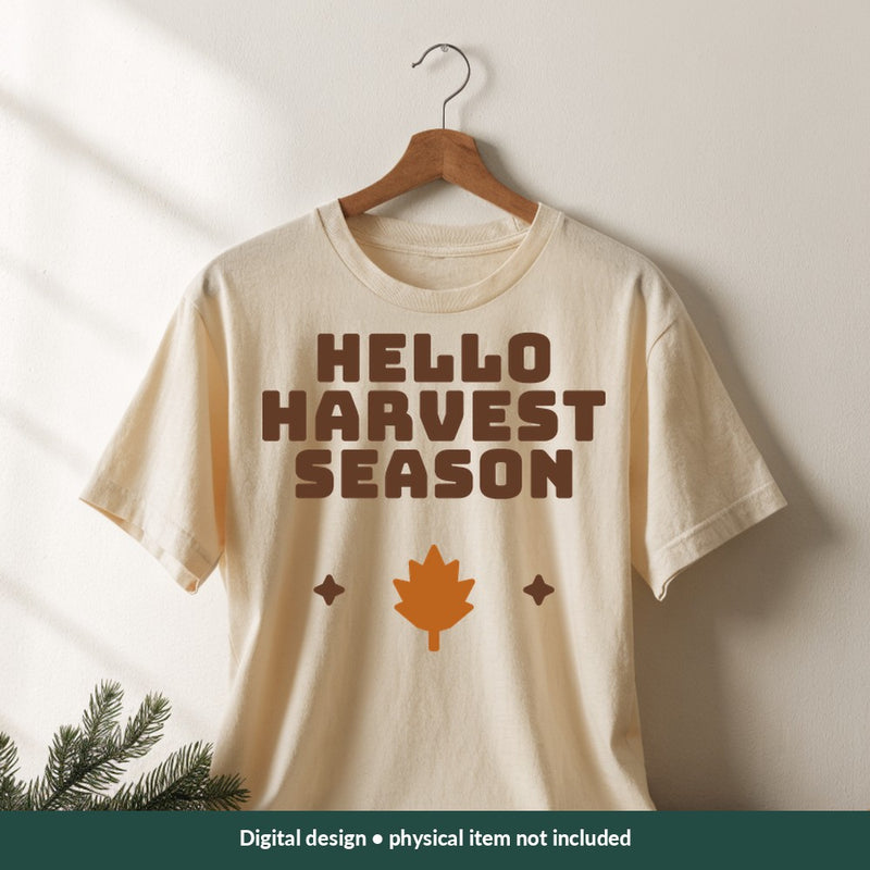 Hello Harvest Season Thanksgiving digital design on a shirt; illustrative mockup, no physical product included