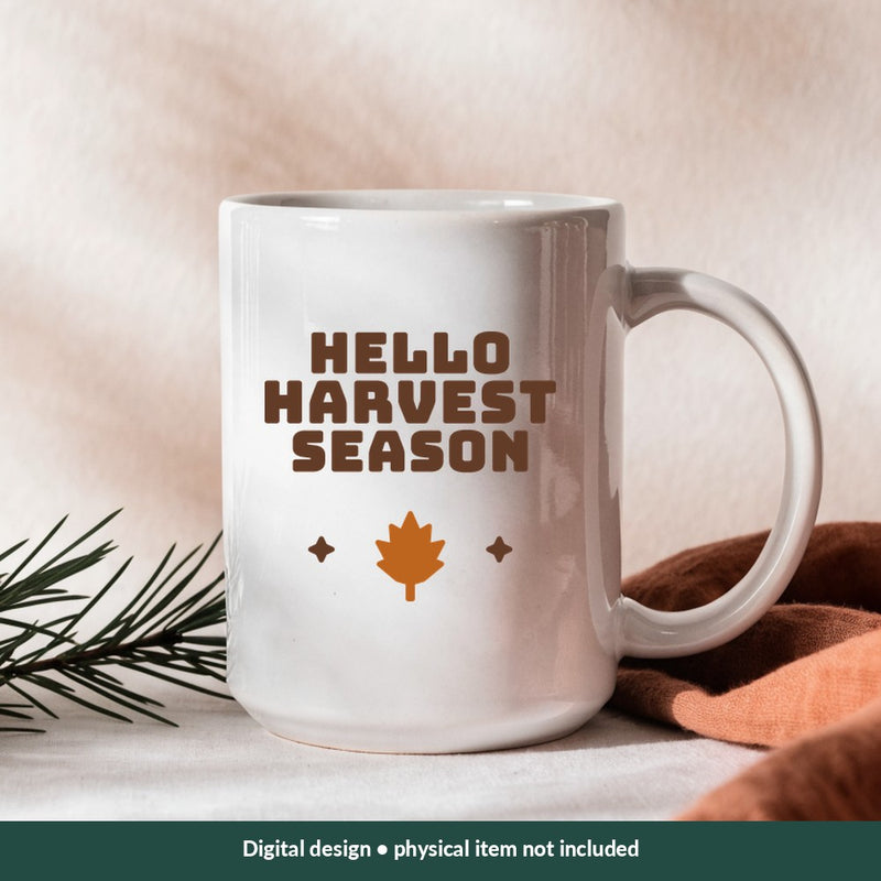 Hello Harvest Season Thanksgiving digital design on a mug; illustrative mockup, no physical product included
