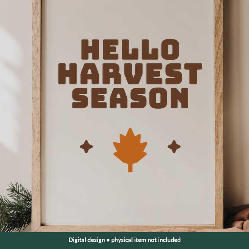 Hello Harvest Season Thanksgiving digital design on a sign; illustrative mockup, no physical product included