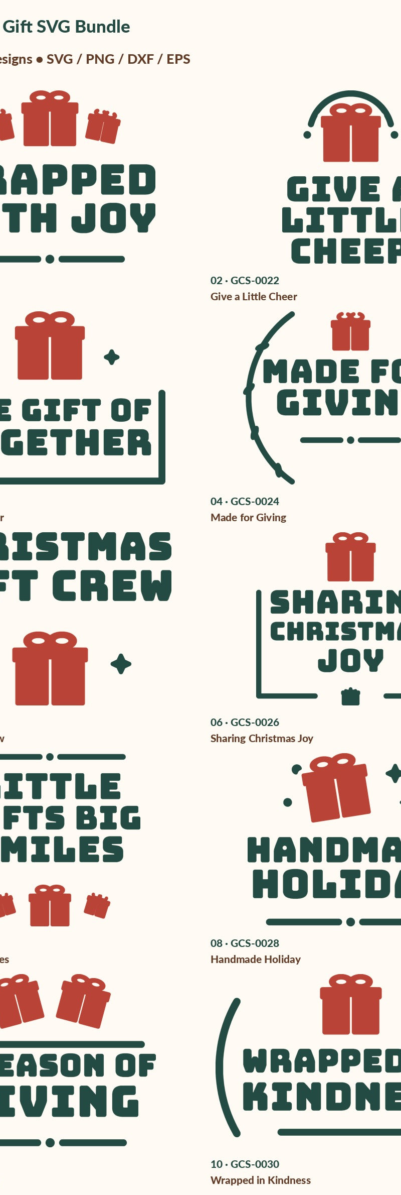 Exact numbered inventory of 10 digital designs in Christmas Gift SVG Bundle