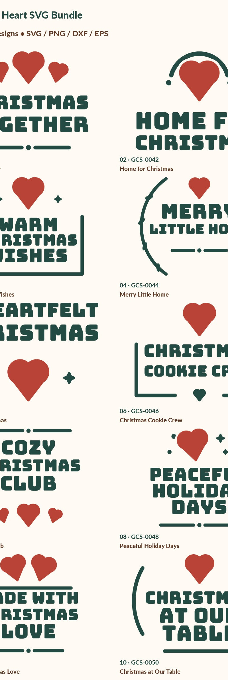 Exact numbered inventory of 10 digital designs in Christmas Heart SVG Bundle