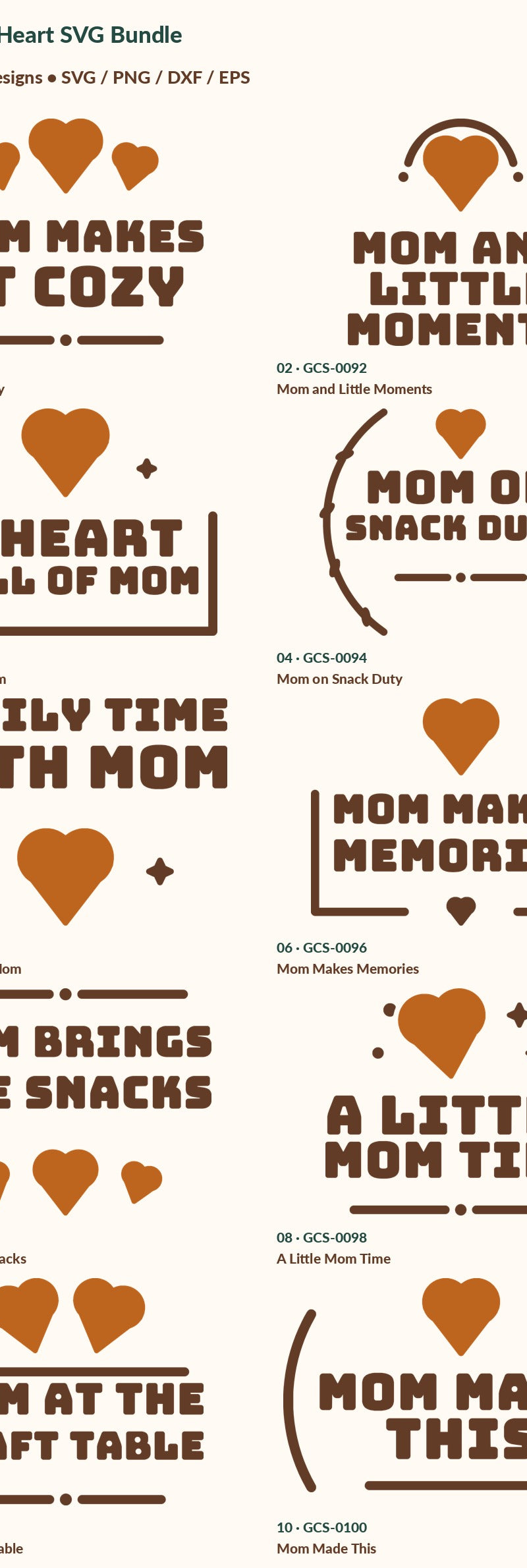 Exact numbered inventory of 10 digital designs in Mom-life Heart SVG Bundle